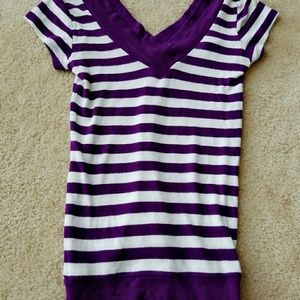 Purple and White Striped v-neck short sleeve
